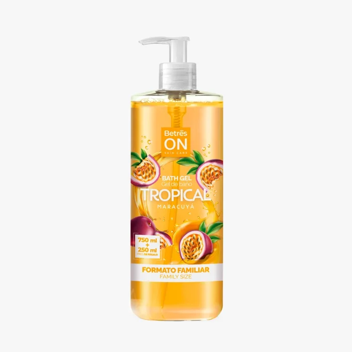 Gel de baño tropical con fragancia de maracuyá Betres ON, presentación familiar de 750 ml + 250 ml gratis.